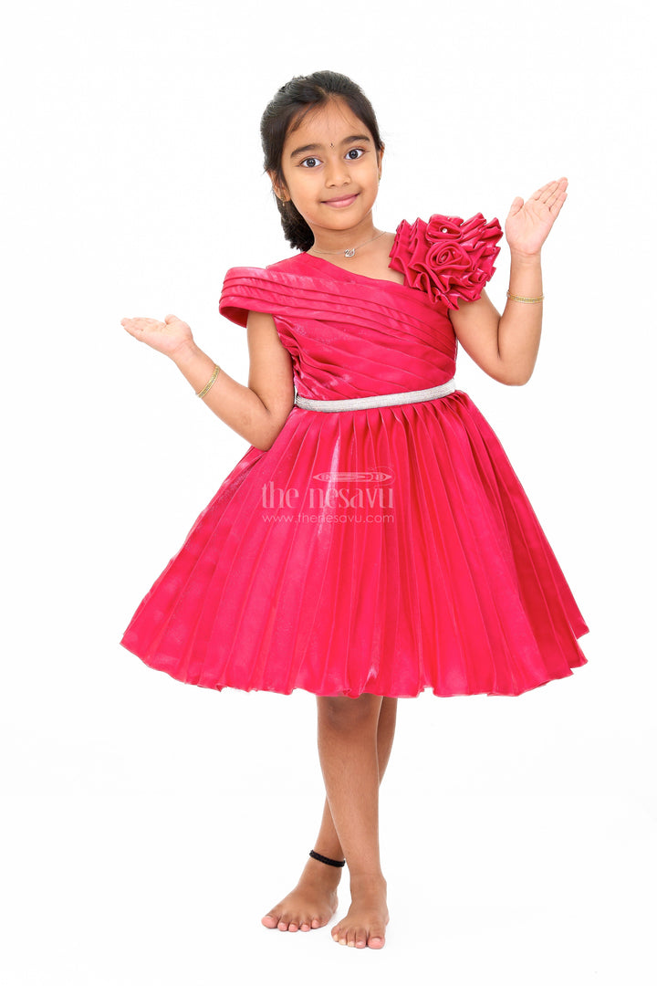 The Nesavu Girls Fancy Party Frock Girls Burgundy One-Shoulder Fancy Party Frock with Floral Applique Nesavu Nesavu Girls Burgundy One-Shoulder Fancy Party Dress Pleated Skirt Floral Applique