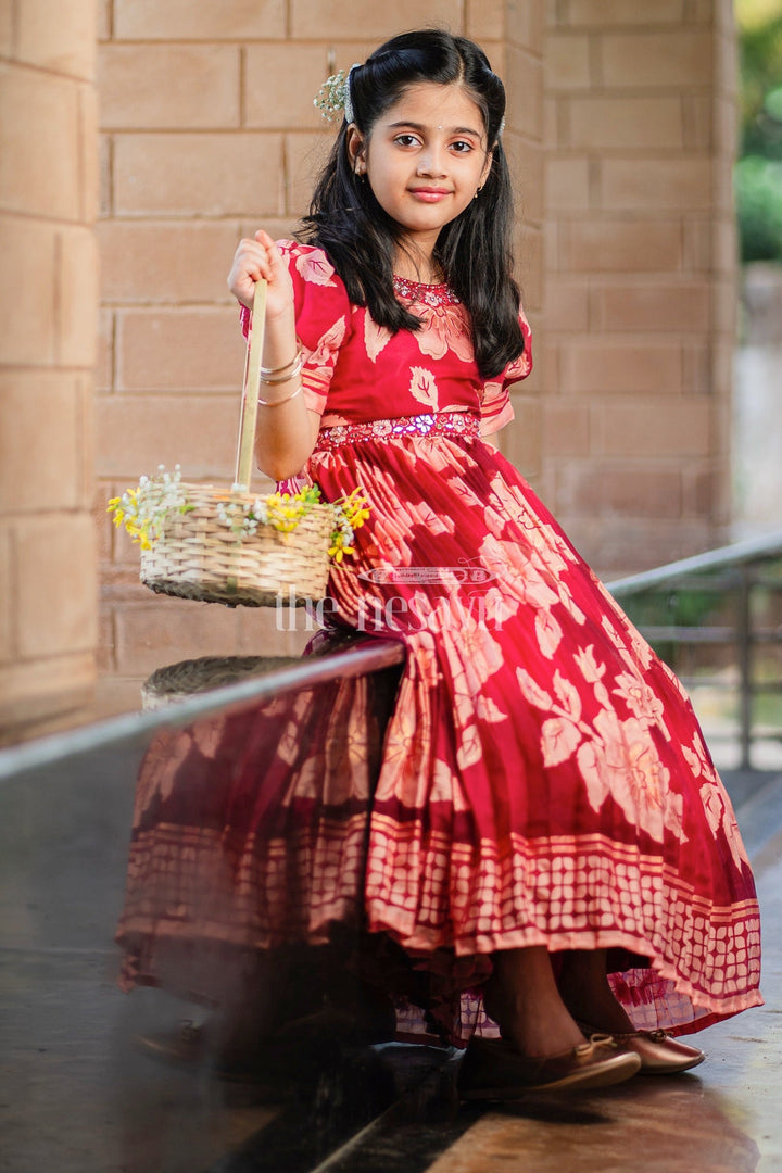 The Nesavu Girls Party Gown Girls Burgundy Party Gown with Floral Print and Puff Sleeves Nesavu 22 (4Y) / Red GA262A-22 Nesavu Burgundy Girls Party Gown Floral Prints Puff Sleeves Pleated Skirt