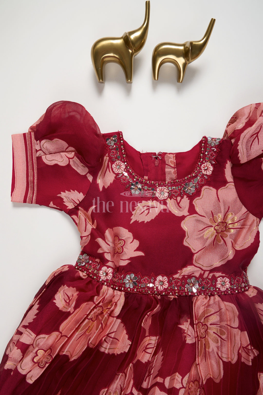 The Nesavu Girls Party Gown Girls Burgundy Party Gown with Floral Print and Puff Sleeves Nesavu Nesavu Burgundy Girls Party Gown Floral Prints Puff Sleeves Pleated Skirt