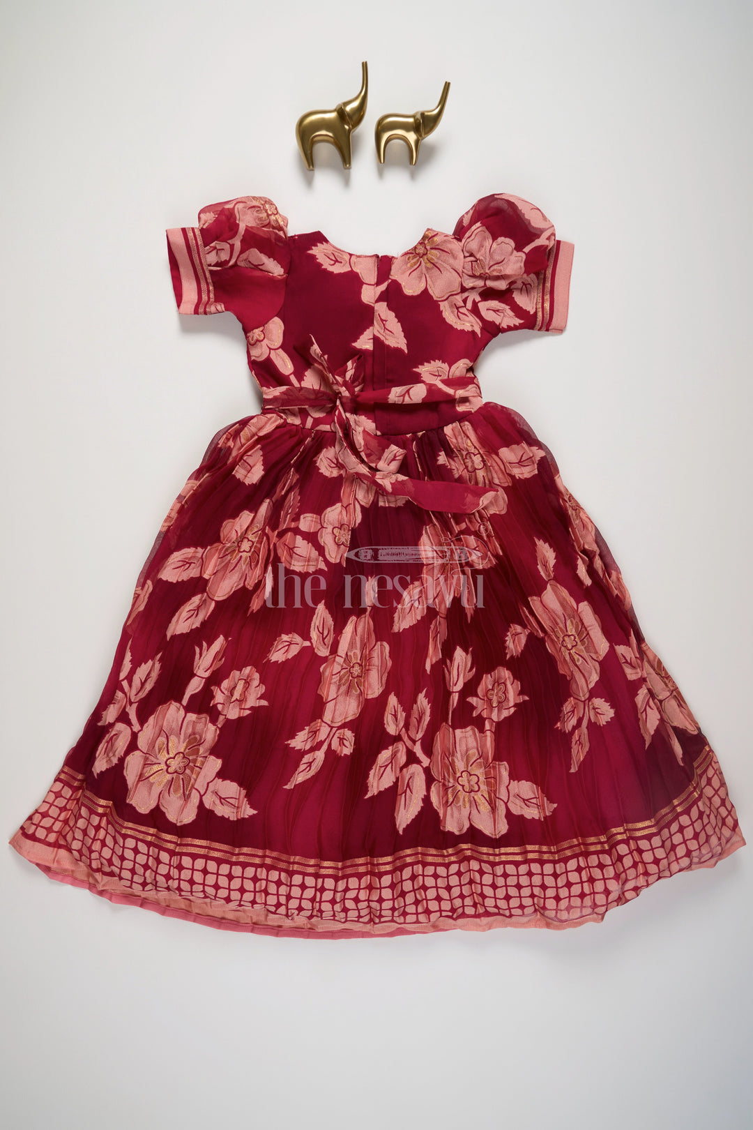 The Nesavu Girls Party Gown Girls Burgundy Party Gown with Floral Print and Puff Sleeves Nesavu Nesavu Burgundy Girls Party Gown Floral Prints Puff Sleeves Pleated Skirt