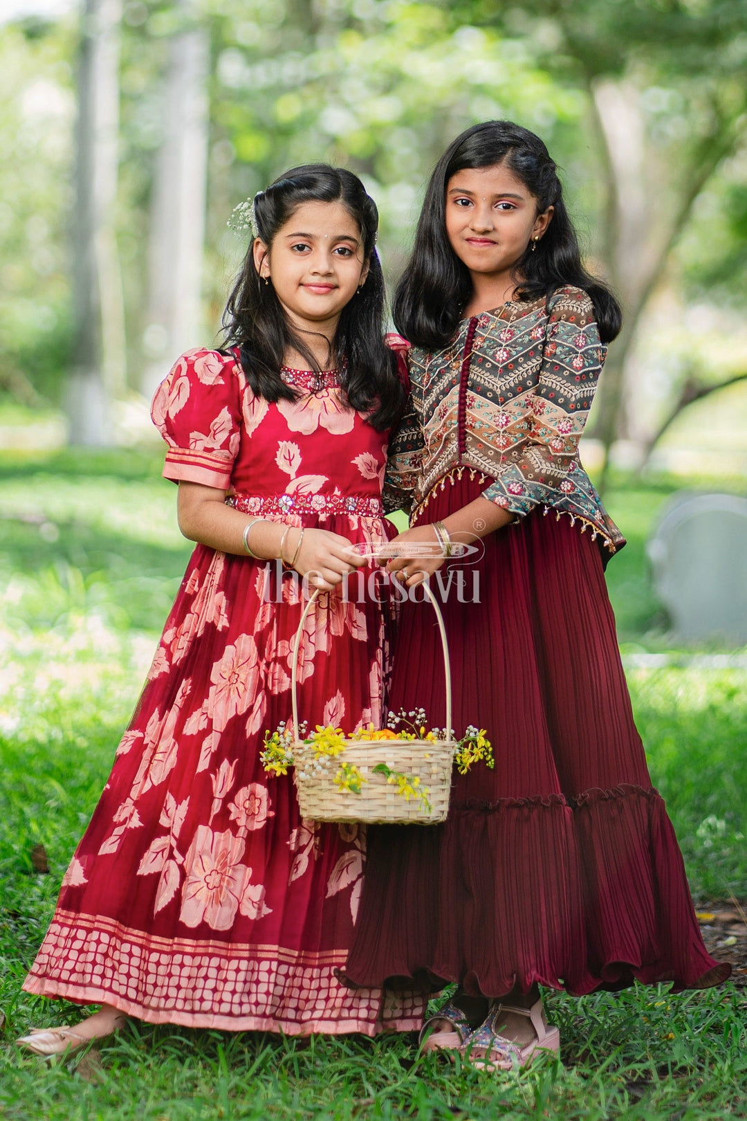 The Nesavu Girls Party Gown Girls Burgundy Party Gown with Floral Print and Puff Sleeves Nesavu Nesavu Burgundy Girls Party Gown Floral Prints Puff Sleeves Pleated Skirt