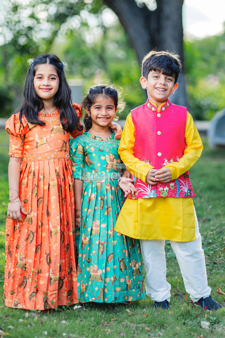 The Nesavu Girls Party Gown Girls Burnt Orange Kalamkari Anarkali Dress with Gilded Accents Nesavu Festive Burnt Orange Kalamkari Anarkali Dress for Girls | The Nesavu