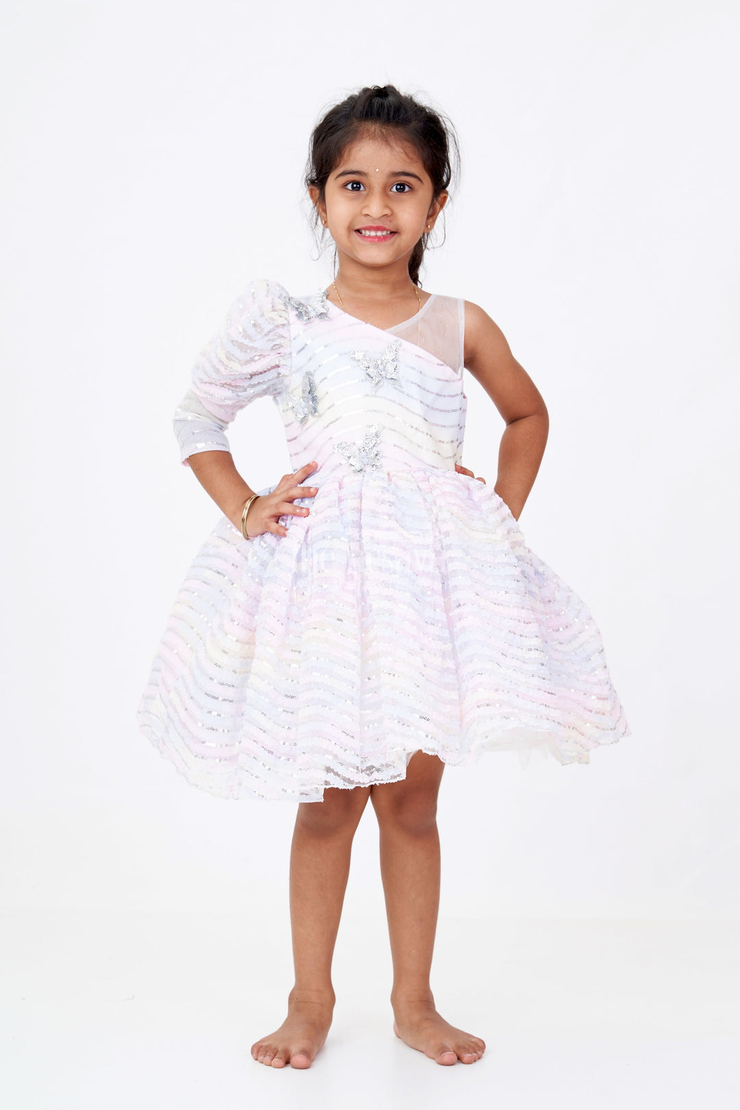 The Nesavu Girls Fancy Party Frock Girls Butterfly Party Dress in Multicolor Soft Net with Sequins and Butterfly Brooch Embellishment Nesavu 16 (1Y) / Multicolor PF208A-16 Girls Butterfly Party Dress Sequins Soft Net Fabric Embellished Butterfly Brooches | The Nesavu