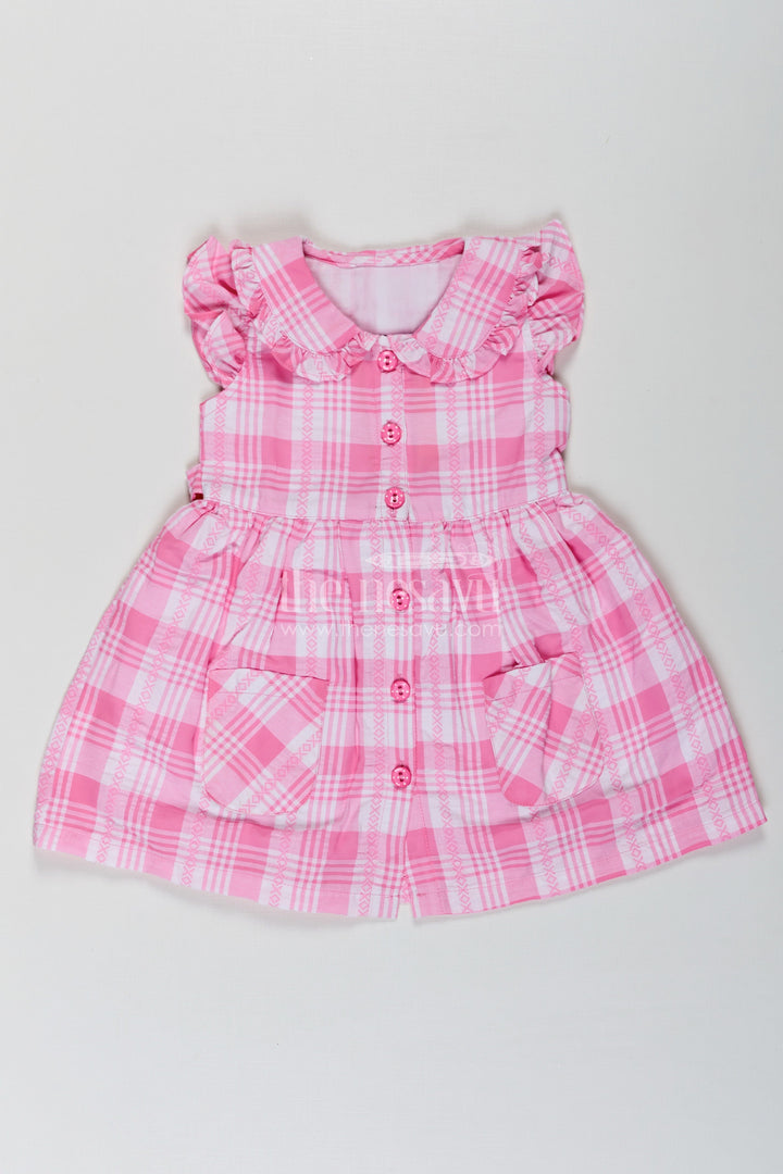 The Nesavu Girls Cotton Frock Girls Button Frock in Checked Cotton with Ruffled Neckline and Classic Pink Gingham Style Nesavu 18 (2Y) / Pink GFC1679A-18 Nesavu Girls Checked Button Frock Pink Gingham Cotton Ruffles Front Closure