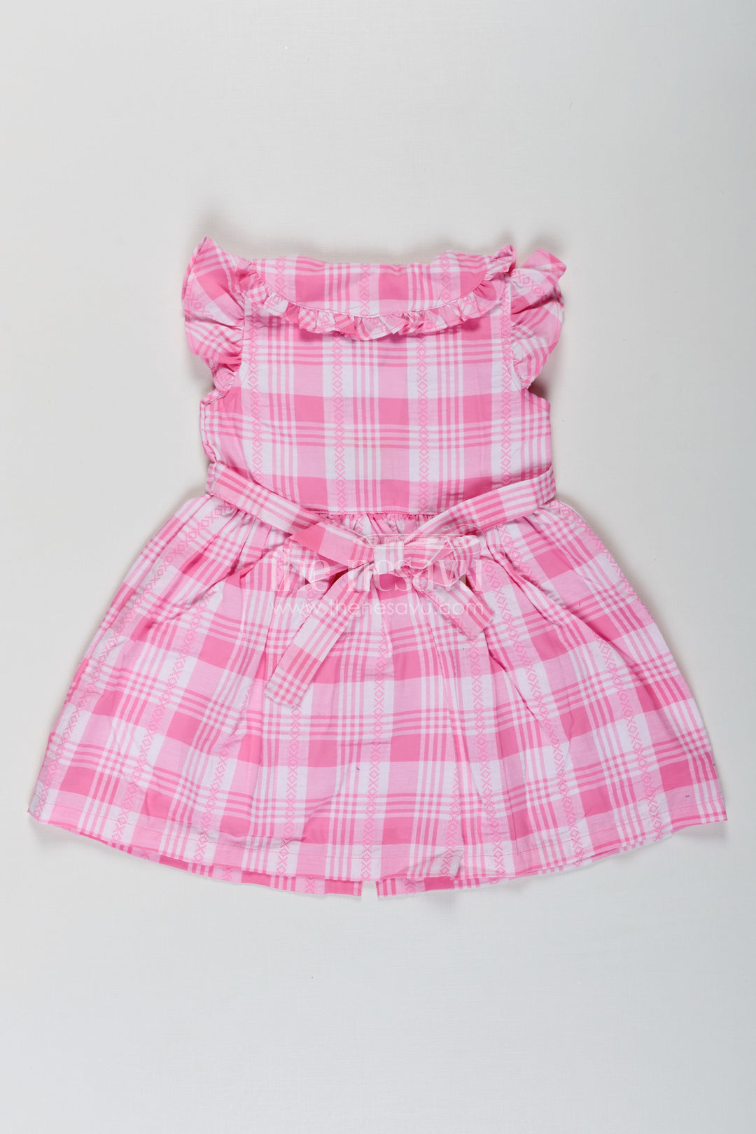 The Nesavu Girls Cotton Frock Girls Button Frock in Checked Cotton with Ruffled Neckline and Classic Pink Gingham Style Nesavu Nesavu Girls Checked Button Frock Pink Gingham Cotton Ruffles Front Closure