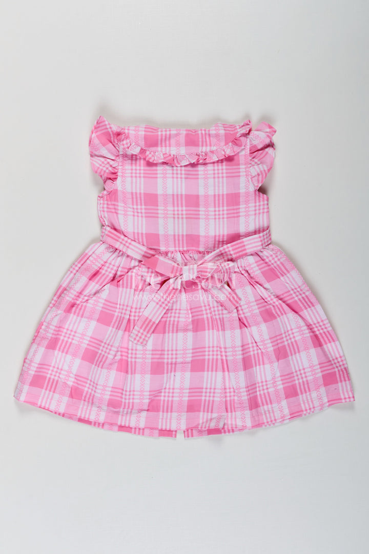 The Nesavu Girls Cotton Frock Girls Button Frock in Checked Cotton with Ruffled Neckline and Classic Pink Gingham Style Nesavu Nesavu Girls Checked Button Frock Pink Gingham Cotton Ruffles Front Closure