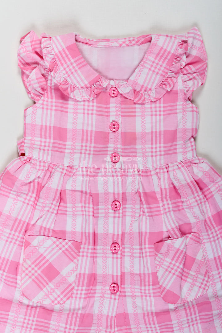 The Nesavu Girls Cotton Frock Girls Button Frock in Checked Cotton with Ruffled Neckline and Classic Pink Gingham Style Nesavu Nesavu Girls Checked Button Frock Pink Gingham Cotton Ruffles Front Closure
