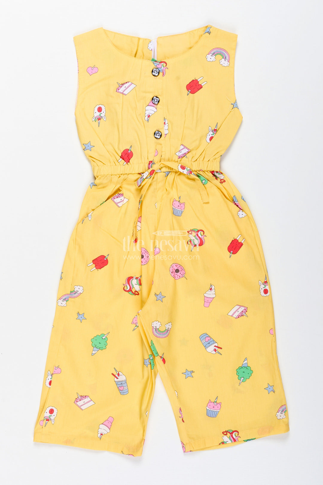 The Nesavu Girls Jumpsuit Girls Candy-Themed Jumpsuit with Fun Print and Headband Nesavu 20 (3Y) / Yellow GFC1895A-20 Nesavu Girls Yellow Jumpsuit Candy Print Sleeveless Cotton Outfit Belt Headband