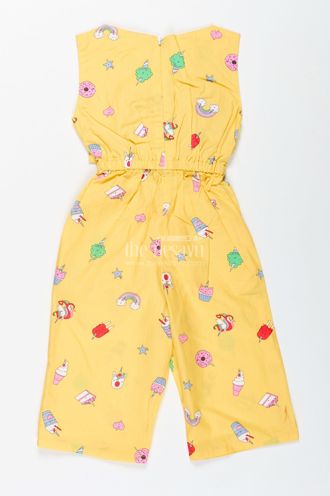 The Nesavu Girls Jumpsuit Girls Candy-Themed Jumpsuit with Fun Print and Headband Nesavu Nesavu Girls Yellow Jumpsuit Candy Print Sleeveless Cotton Outfit Belt Headband