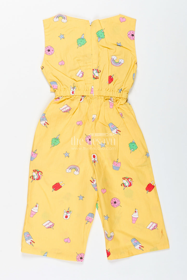 The Nesavu Girls Jumpsuit Girls Candy-Themed Jumpsuit with Fun Print and Headband Nesavu Nesavu Girls Yellow Jumpsuit Candy Print Sleeveless Cotton Outfit Belt Headband