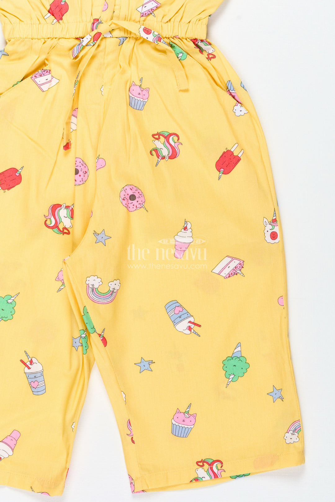 The Nesavu Girls Jumpsuit Girls Candy-Themed Jumpsuit with Fun Print and Headband Nesavu Nesavu Girls Yellow Jumpsuit Candy Print Sleeveless Cotton Outfit Belt Headband