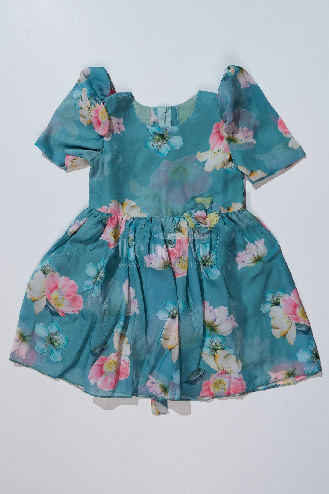 The Nesavu Girls Fancy Frock Girls Casual Birthday Dress with Green Floral Print and Puff Sleeves Nesavu 20 (3Y) / Green GFC1568A-20 Girls Casual Birthday Dress Green Floral Print Puff Sleeves | The Nesavu
