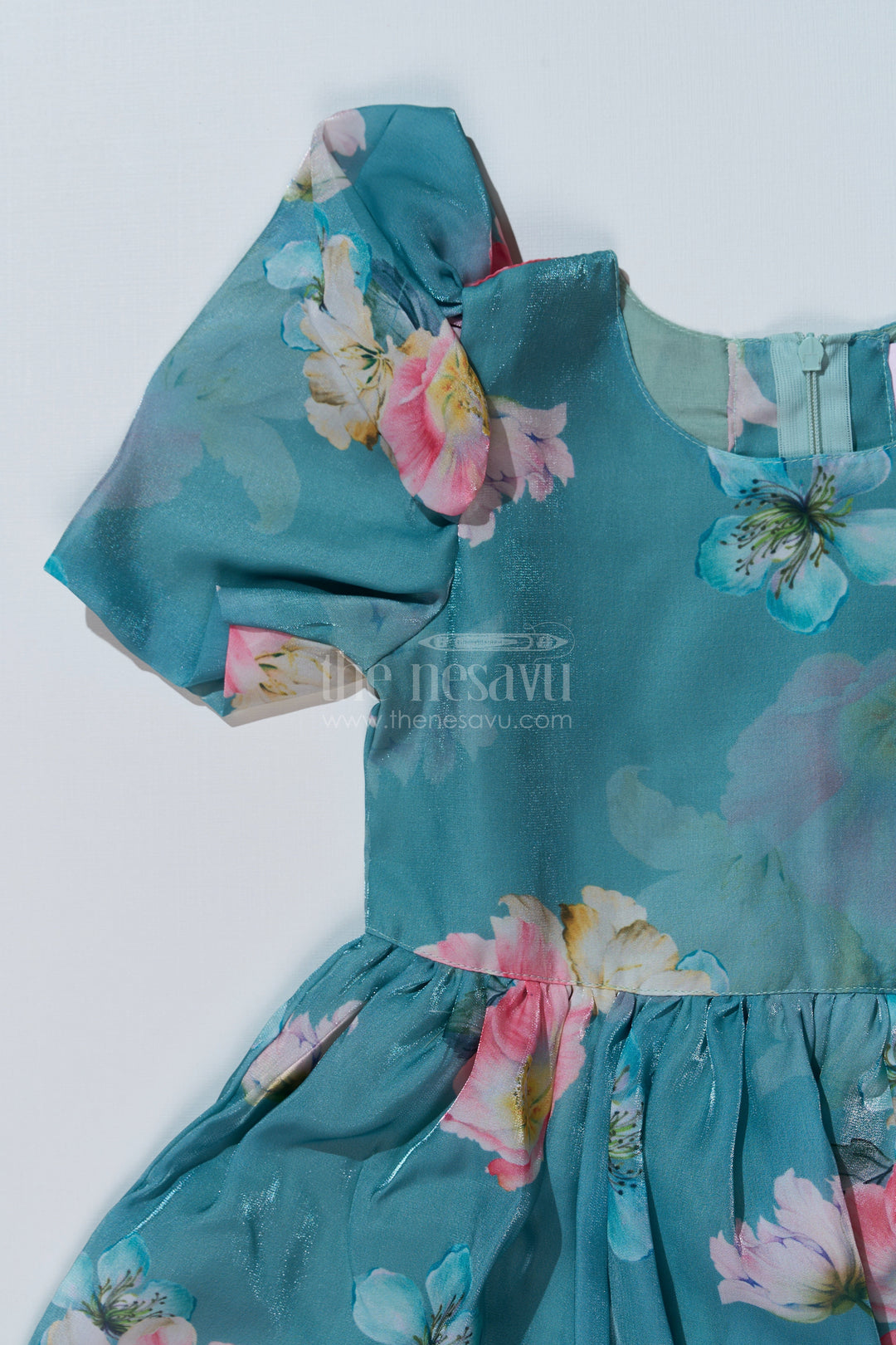 The Nesavu Girls Fancy Frock Girls Casual Birthday Dress with Green Floral Print and Puff Sleeves Nesavu Girls Casual Birthday Dress Green Floral Print Puff Sleeves | The Nesavu