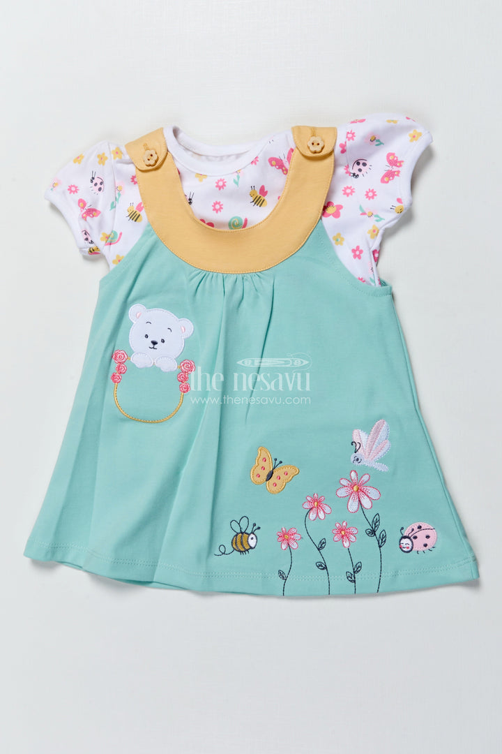 The Nesavu Girls Casual Set Girls Casual Cotton Dress Set with Bear Embroidery for Everyday Wear Nesavu 16 (1Y) / Green BFJ876A-16 Nesavu girls cotton casual dress bear embroidery printed tee  perfect everyday comfort
