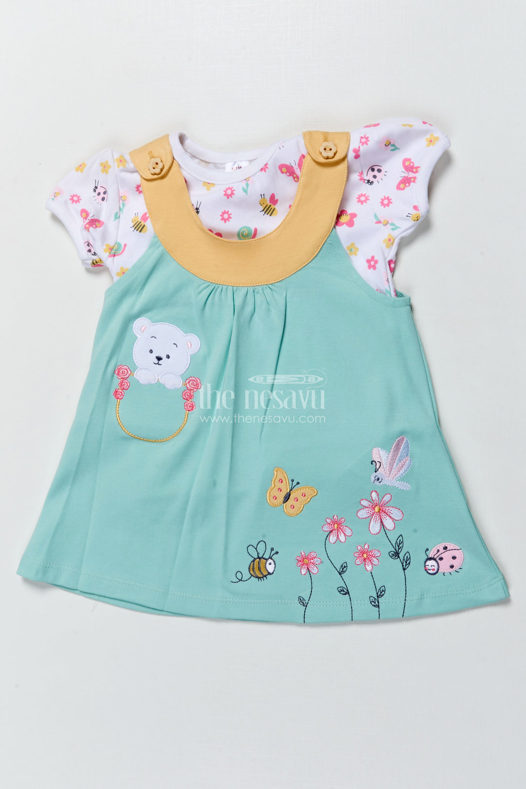 The Nesavu Girls Casual Set Girls Casual Cotton Dress Set with Bear Embroidery for Everyday Wear Nesavu Nesavu girls cotton casual dress bear embroidery printed tee  perfect everyday comfort