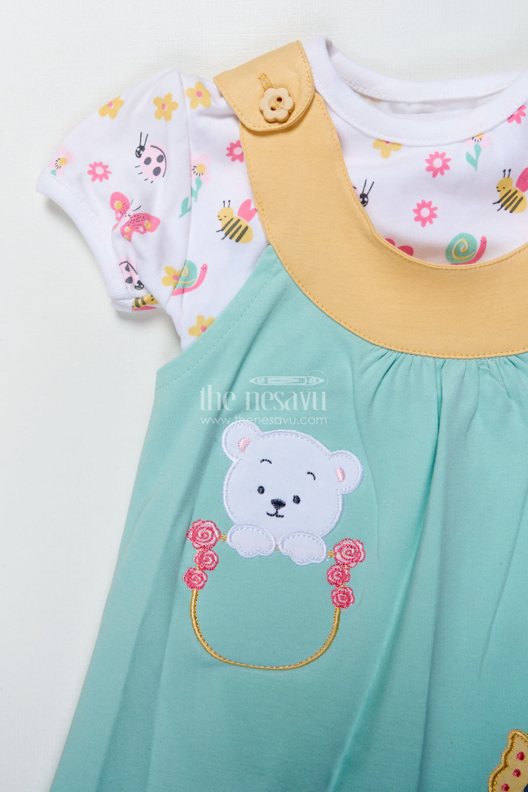 The Nesavu Girls Casual Set Girls Casual Cotton Dress Set with Bear Embroidery for Everyday Wear Nesavu Nesavu girls cotton casual dress bear embroidery printed tee  perfect everyday comfort