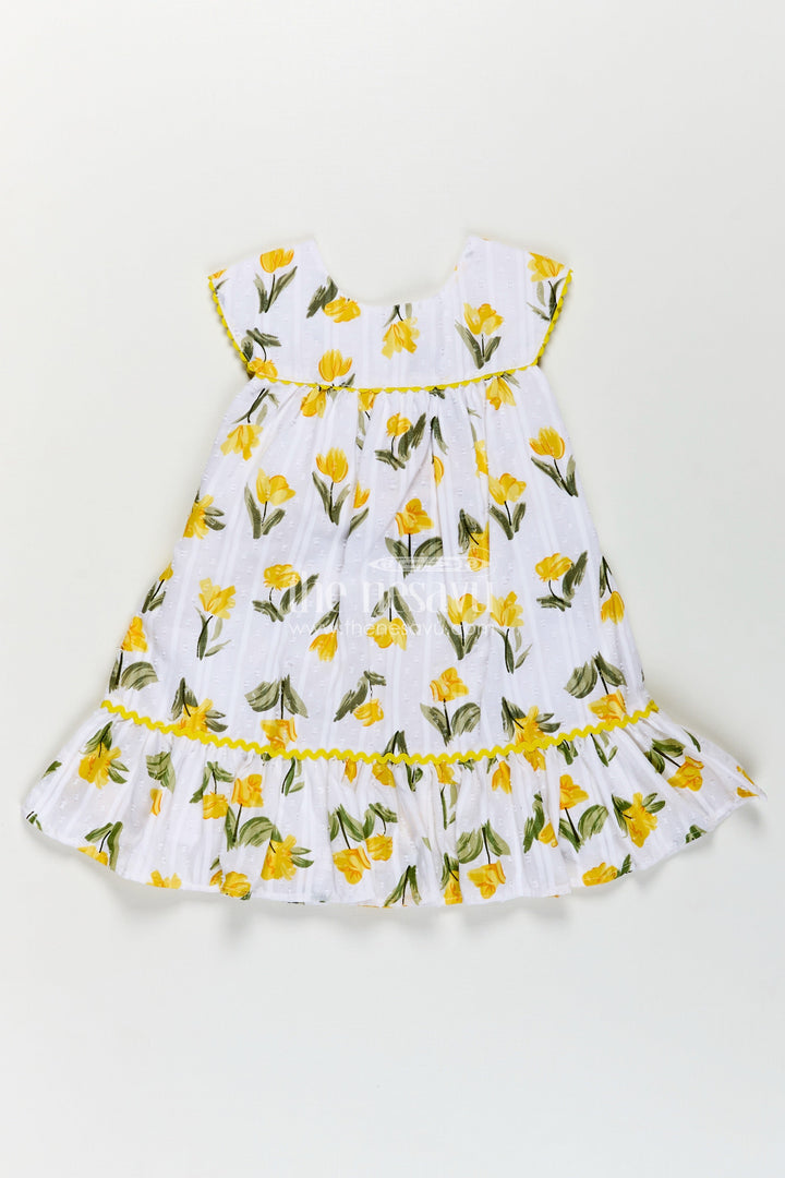 The Nesavu Girls Cotton Frock Girls Casual Cotton Frock for Infant with Yellow Floral Print and Ruffle Trim for Everyday Comfort Nesavu 18 (2Y) / Yellow GFC1776A-18 Girls Casual Cotton Frock Infant Yellow Floral Print Ruffled Hem Design | The Nesavu