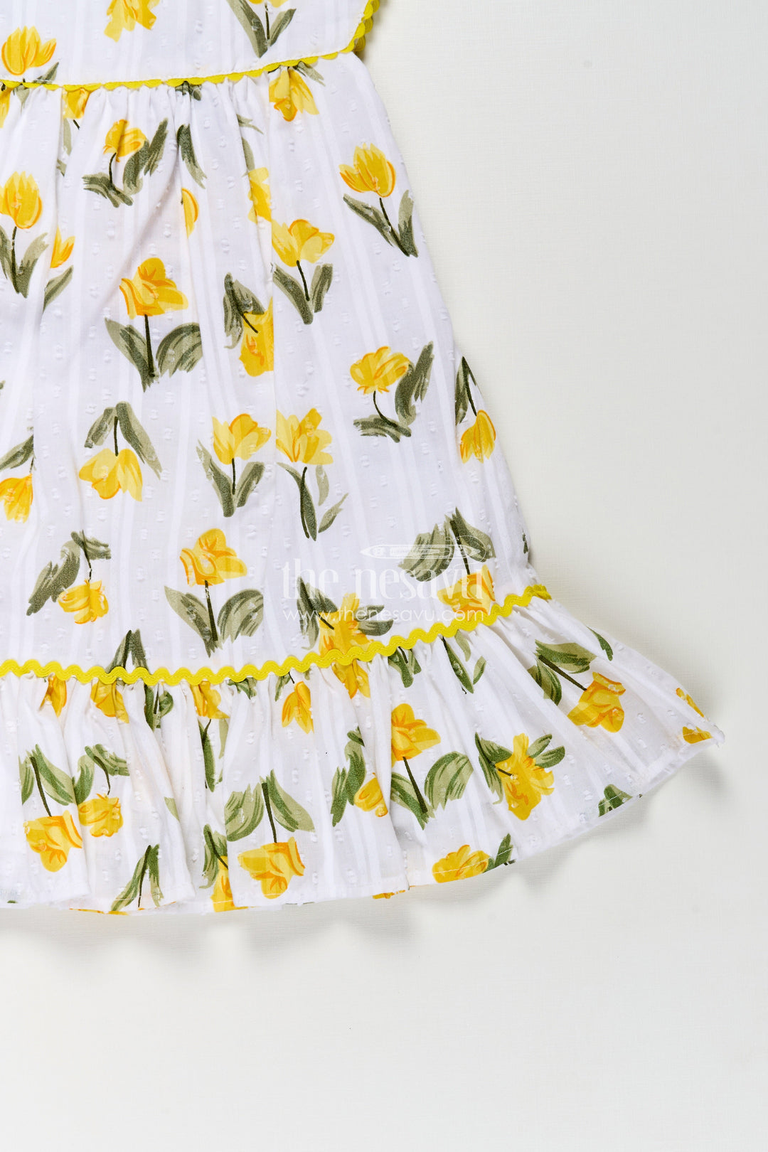 The Nesavu Girls Cotton Frock Girls Casual Cotton Frock for Infant with Yellow Floral Print and Ruffle Trim for Everyday Comfort Nesavu Girls Casual Cotton Frock Infant Yellow Floral Print Ruffled Hem Design | The Nesavu