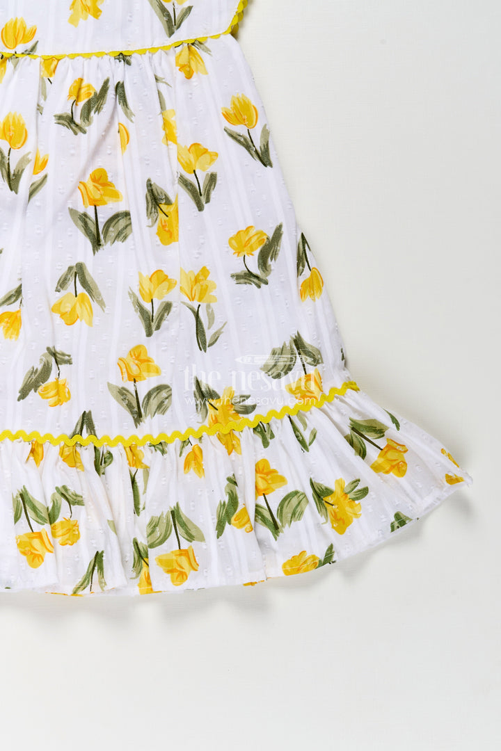 The Nesavu Girls Cotton Frock Girls Casual Cotton Frock for Infant with Yellow Floral Print and Ruffle Trim for Everyday Comfort Nesavu Girls Casual Cotton Frock Infant Yellow Floral Print Ruffled Hem Design | The Nesavu