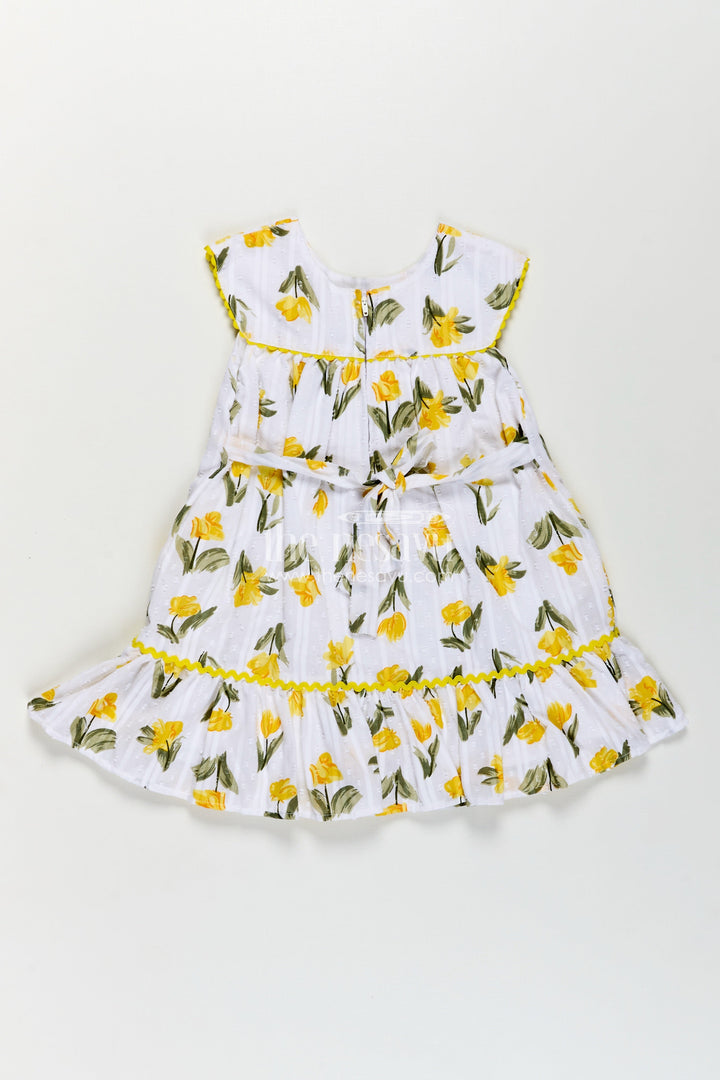 The Nesavu Girls Cotton Frock Girls Casual Cotton Frock for Infant with Yellow Floral Print and Ruffle Trim for Everyday Comfort Nesavu Girls Casual Cotton Frock Infant Yellow Floral Print Ruffled Hem Design | The Nesavu