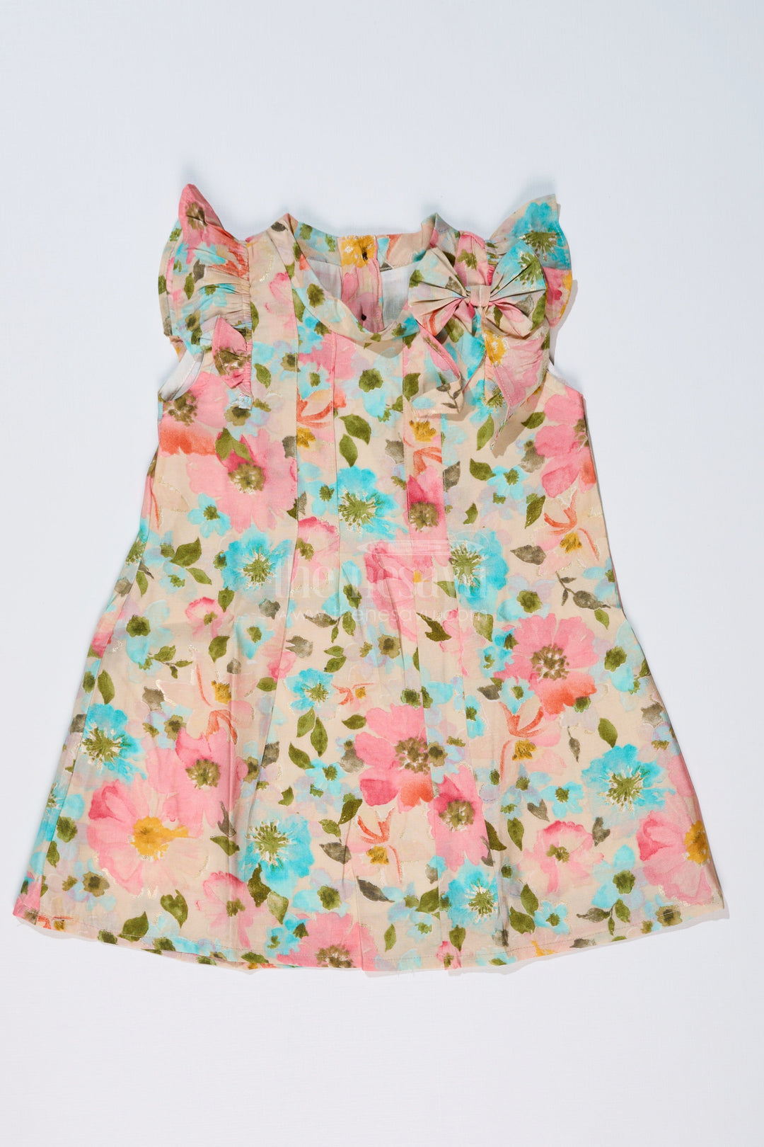 The Nesavu Girls Cotton Frock Girls Casual Frocks in Muslin Silk with Soft Floral Print and Stylish Bow Nesavu 16 (1Y) / Multicolor GFC1608A-16 Nesavu Girls Casual Frocks Muslin Silk Soft Floral Print Stylish Bow