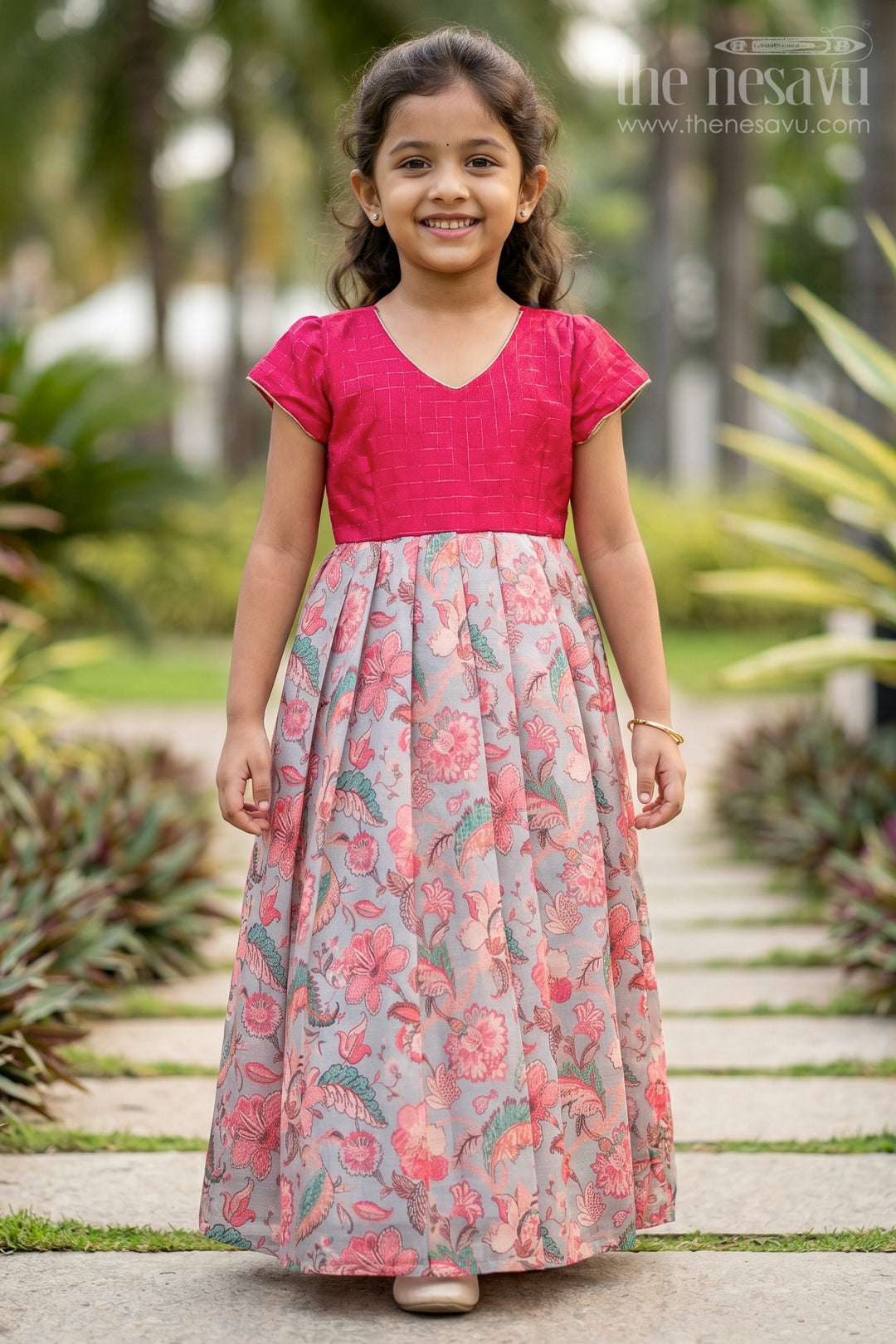 The Nesavu Girls Casual Gown Girls Casual Party Dress for Festive Outings and Celebrations Nesavu 14 (6M) / Pink / Chanderi GA399A-14 Nesavu Girls Casual Party Dress For Festive Outings And Family Celebrations With Floral Print