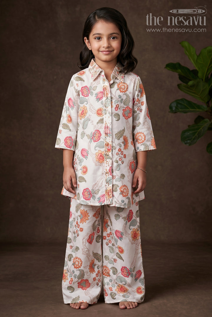 The Nesavu Girls Casual Set Girls Casual Set for Family Outings and Festive Gatherings Nesavu 24 (5Y) / Cream GPS672A-24 Nesavu girls casual set viscose silk digital print festive outings family wear