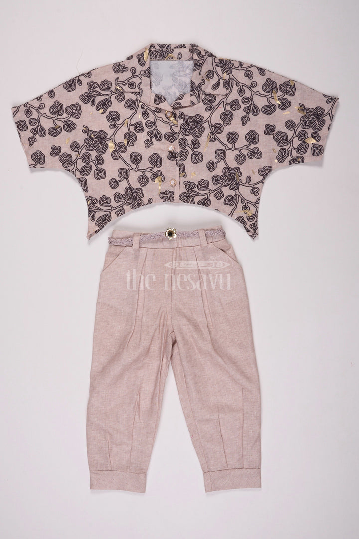 The Nesavu Girls Sharara / Plazo Set Girls Casual Set with Printed Crop Shirt and Beige Straight Pants Nesavu 18 (2Y) / Beige GPS417A-18 Nesavu Girls Casual Set Floral Printed Crop Shirt Beige Pants