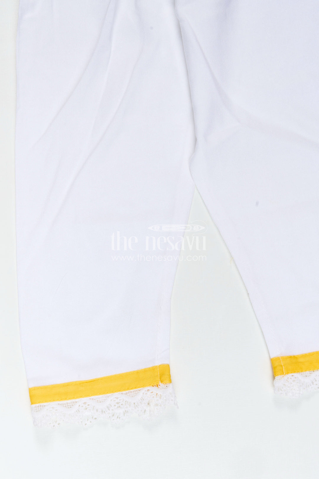The Nesavu Girls Casual Set Girls Casual Simple Dress Design in Cotton with Yellow Embroidered Top and White Pants with Lace Hem Nesavu Nesavu Girls Casual Simple Dress Design Yellow Embroidered Cotton Top White Pants