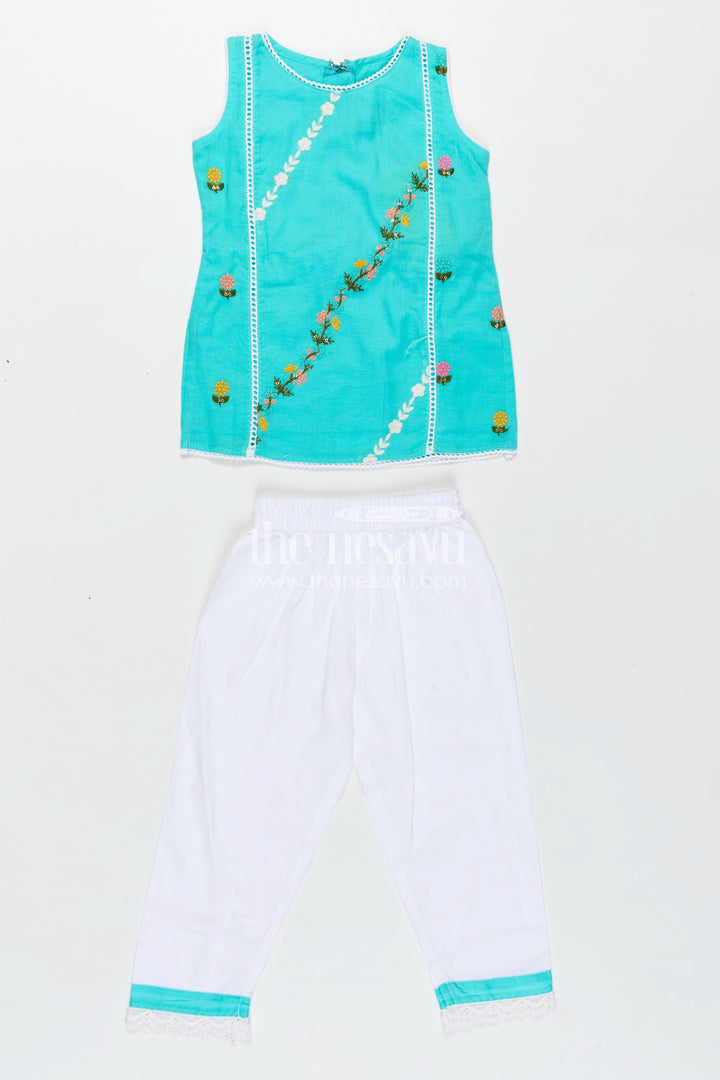 The Nesavu Girls Casual Set Girls Casual Smart Dresses in Cotton with Turquoise Embroidered Sleeveless Top and White Pants Nesavu Nesavu Girls Casual Smart Dresses Cotton Embroidered Turquoise Top White Lace Pants