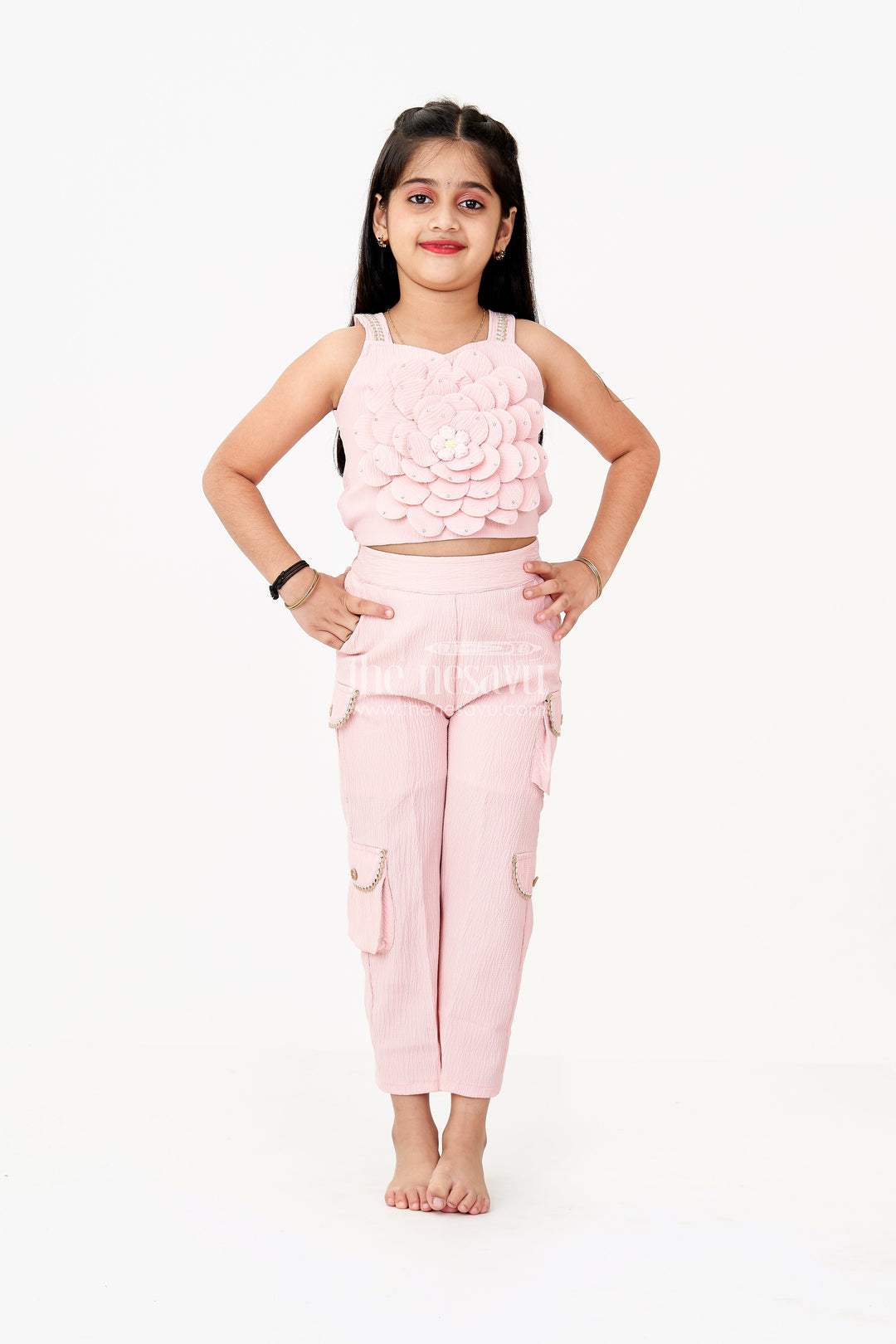 The Nesavu Girls Casual Set Girls Casual Suit Sets in Blended Viscose Fabric with 3D Flower Embellishments and Beaded Strap Detailing Nesavu Girls Casual Suit Sets 3D Floral Embellishment Blended Viscose Texture Stylish Comfort | The Nesavu