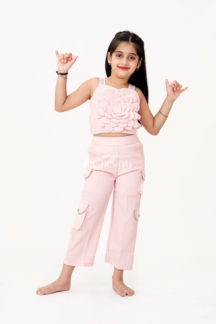 The Nesavu Girls Casual Set Girls Casual Suit Sets in Blended Viscose Fabric with 3D Flower Embellishments and Beaded Strap Detailing Nesavu Girls Casual Suit Sets 3D Floral Embellishment Blended Viscose Texture Stylish Comfort | The Nesavu