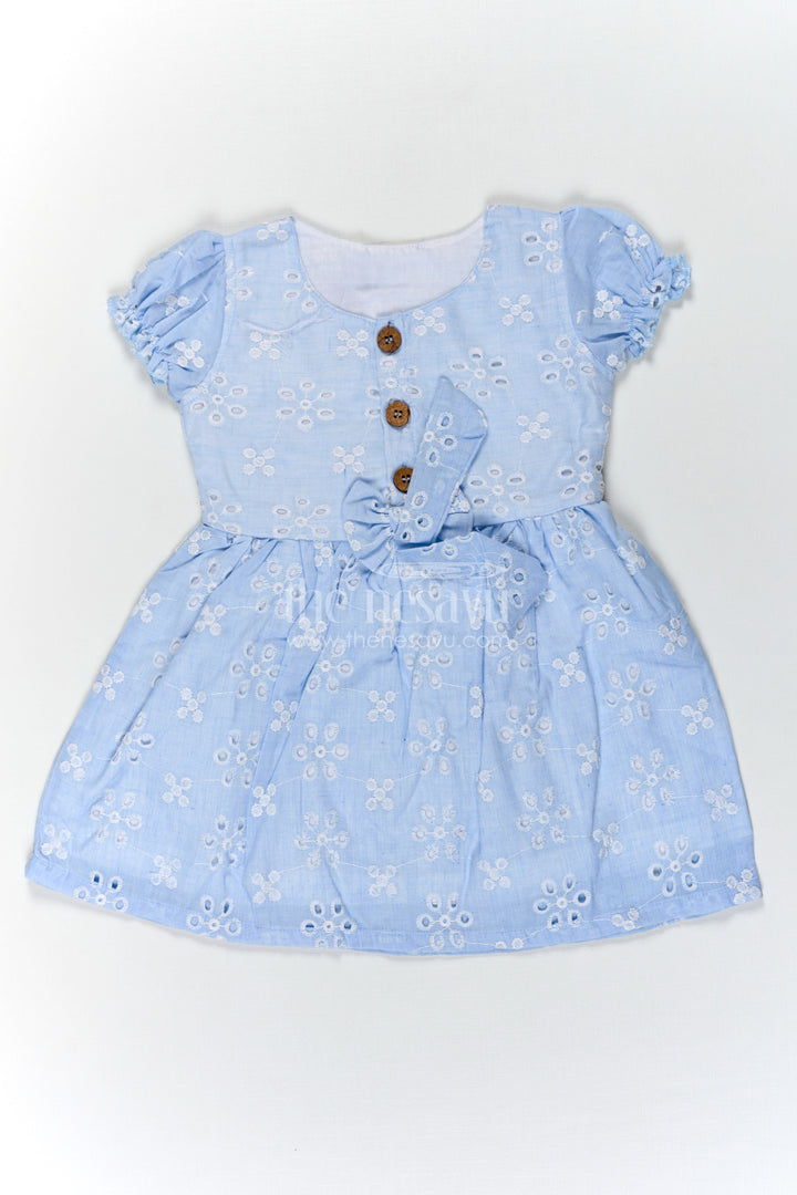 The Nesavu Girls Cotton Frock Girls Casual Wear Party Dress in Sky Blue Hakoba with Bow Belt and Wooden Button Detail Nesavu 18 (2Y) / Blue GFC1714C-18 Casual Wear Party Dress for Girls in Sky Blue Hakoba with Embroidery and Waist Bow | The Nesavu
