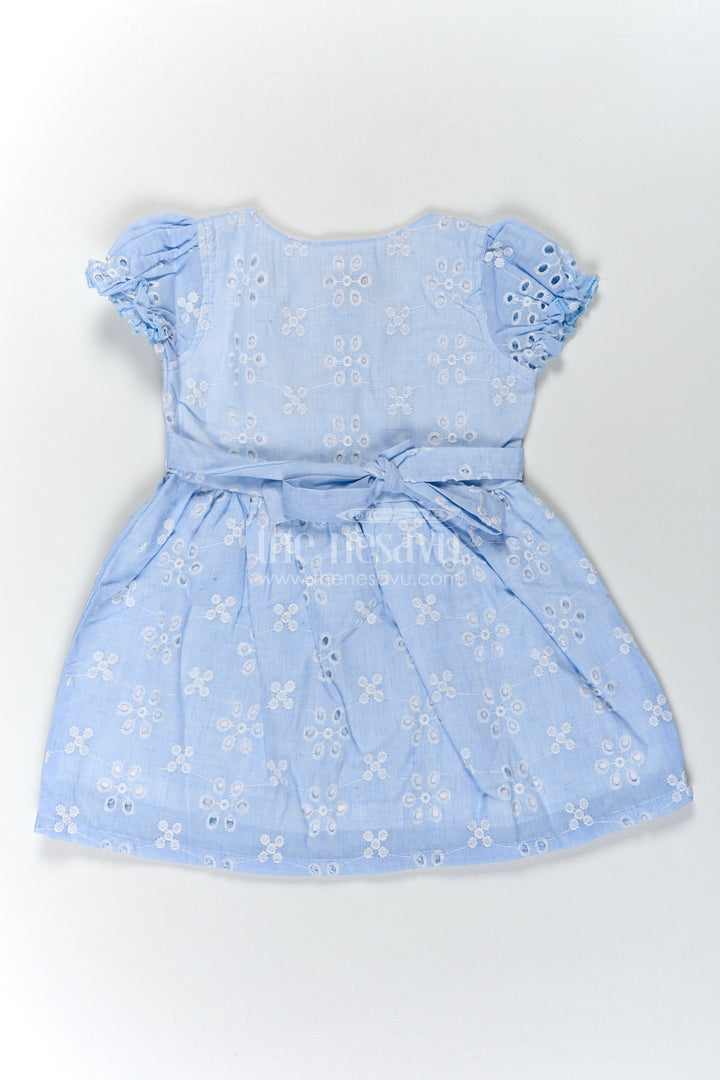 The Nesavu Girls Cotton Frock Girls Casual Wear Party Dress in Sky Blue Hakoba with Bow Belt and Wooden Button Detail Nesavu Casual Wear Party Dress for Girls in Sky Blue Hakoba with Embroidery and Waist Bow | The Nesavu