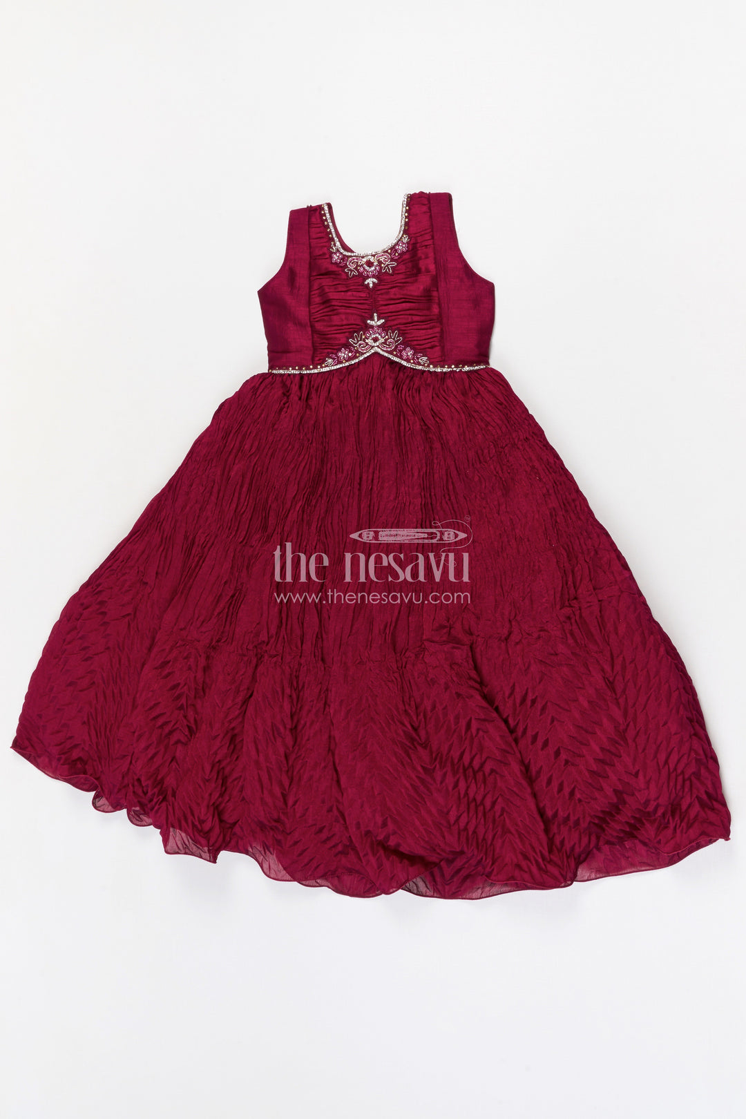 The Nesavu Girls Casual Gown Girls Celebration Gown for Parties and Festive Occasions Nesavu 24 (5Y) / Maroon / Georgette GA389B-24 Nesavu girls georgette celebration gown with designer embroidered jacket for parties