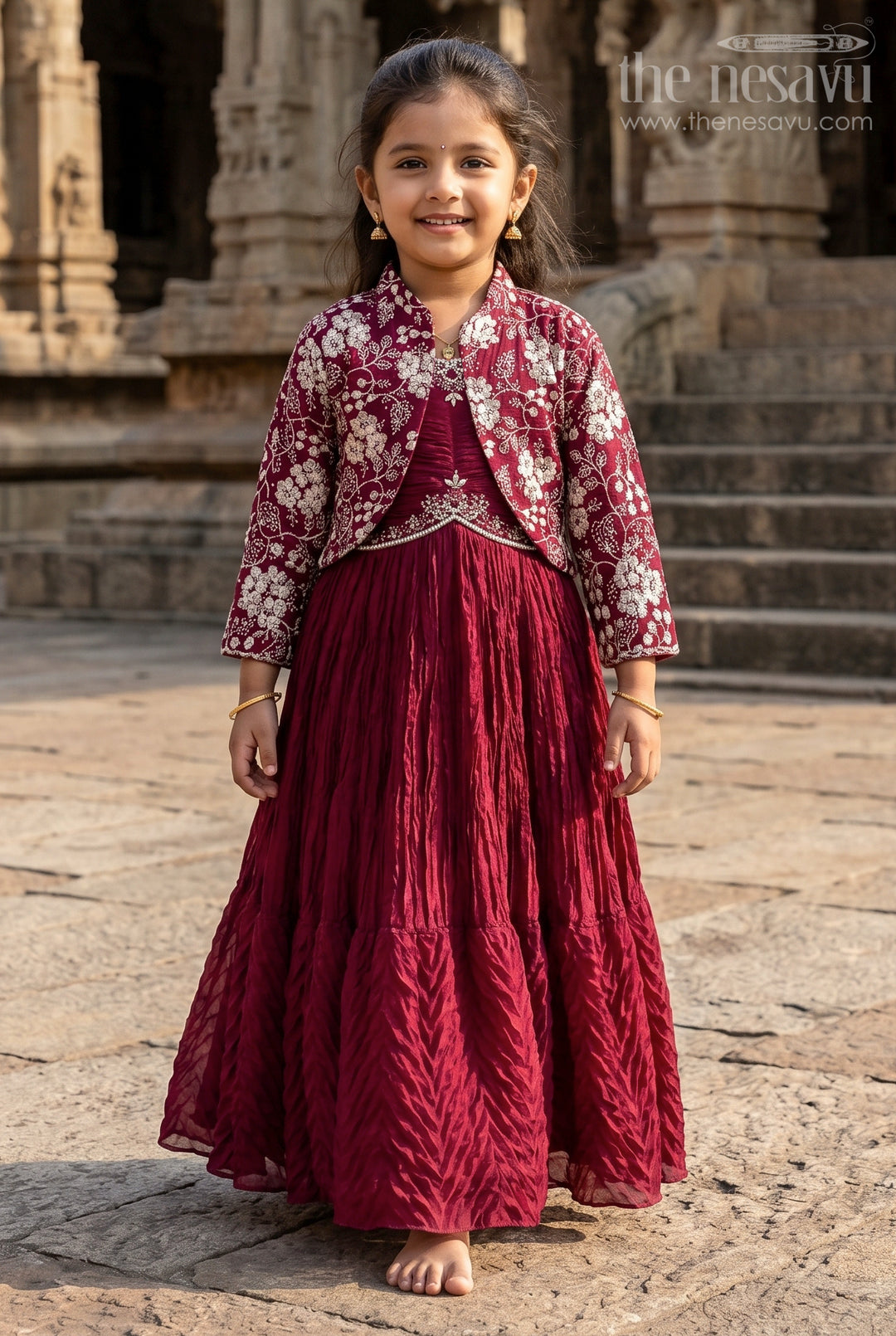The Nesavu Girls Casual Gown Girls Celebration Gown for Parties and Festive Occasions Nesavu 24 (5Y) / Maroon / Georgette GA389B-24 Nesavu girls georgette celebration gown with designer embroidered jacket for parties