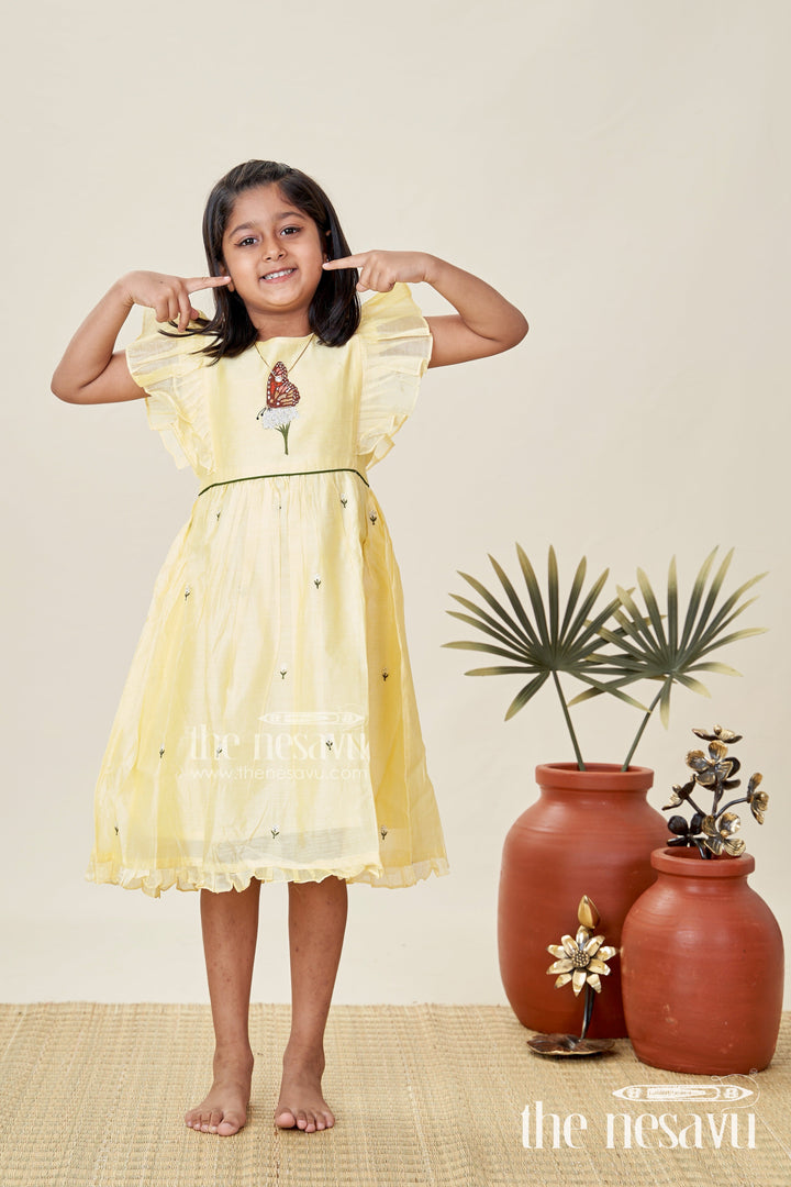 The Nesavu Girls Chanderi Frock Girls Chanderi Cotton Beautiful Frock Design with Butterfly Embroidery and Ruffle Sleeves in Soft Yellow Nesavu 16 (1Y) / Yellow GFC1786A-16 Nesavu Girls Chanderi Cotton Yellow Frock Butterfly Embroidery Beautiful Ruffle Design