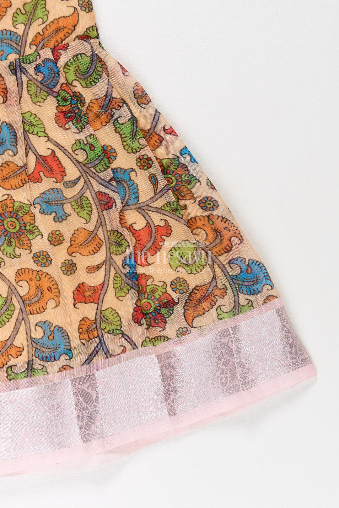 The Nesavu Silk Frock Girls Chanderi Cotton Fashion Dress with Pink Puff Sleeves and Colorful Floral Print for Everyday Charm Nesavu Nesavu Girls Chanderi Cotton Fashion Dress Pink Yoke Colorful Floral Print Everyday Wear