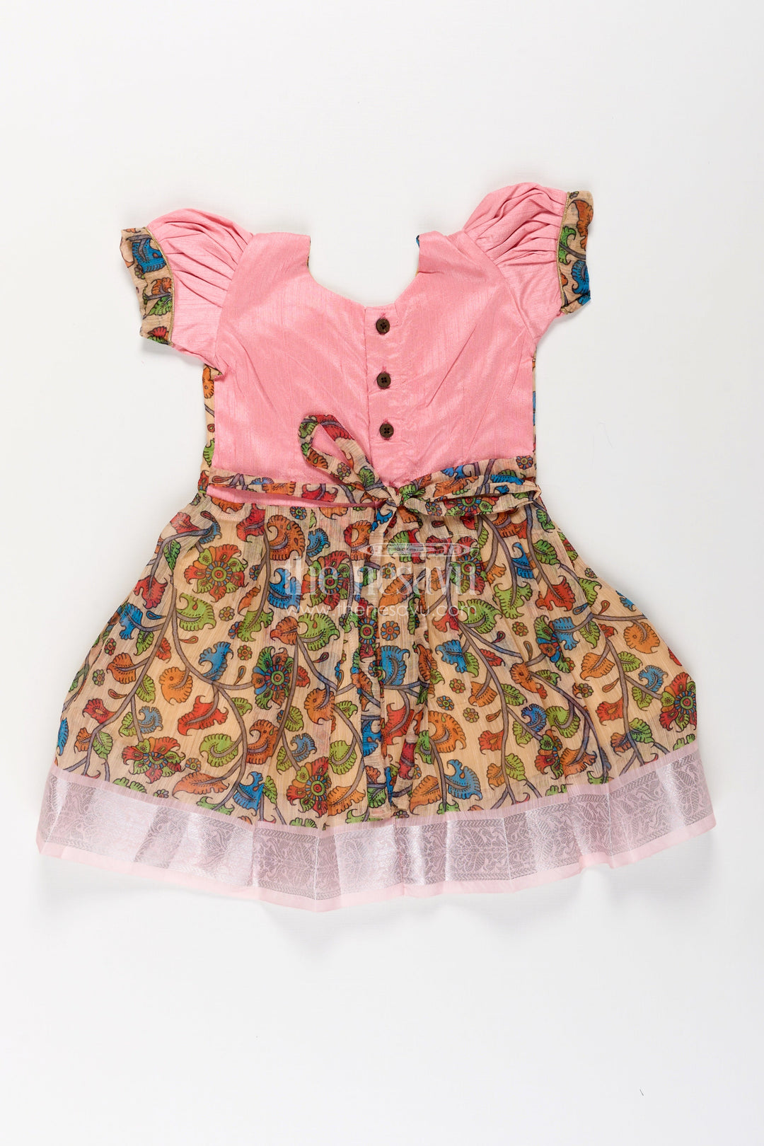 The Nesavu Silk Frock Girls Chanderi Cotton Fashion Dress with Pink Puff Sleeves and Colorful Floral Print for Everyday Charm Nesavu Nesavu Girls Chanderi Cotton Fashion Dress Pink Yoke Colorful Floral Print Everyday Wear