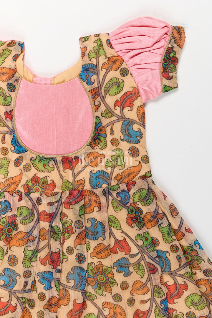 The Nesavu Silk Frock Girls Chanderi Cotton Fashion Dress with Pink Puff Sleeves and Colorful Floral Print for Everyday Charm Nesavu Nesavu Girls Chanderi Cotton Fashion Dress Pink Yoke Colorful Floral Print Everyday Wear