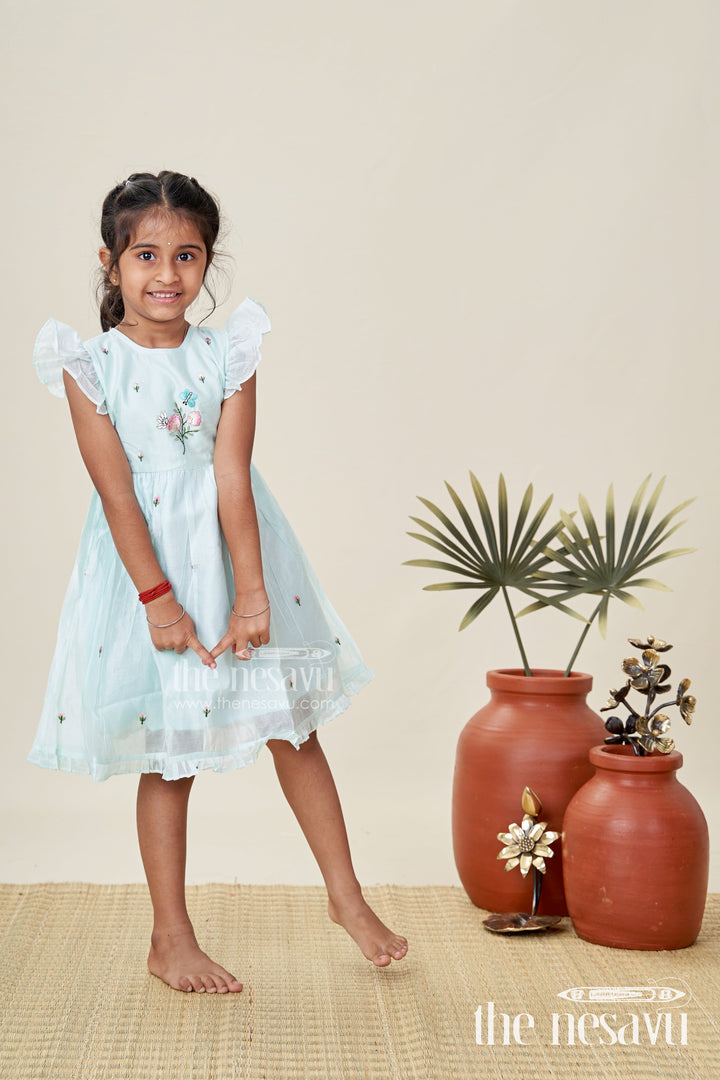 The Nesavu Girls Chanderi Frock Girls Chanderi Cotton Frock Ki Design in Mint Green with Floral and Butterfly Embroidery for Everyday Elegance Nesavu 16 (1Y) / Blue GFC1788A-16 Nesavu Girls Chanderi Cotton Mint Green Frock Ki Design Floral Embroidery Soft Frills