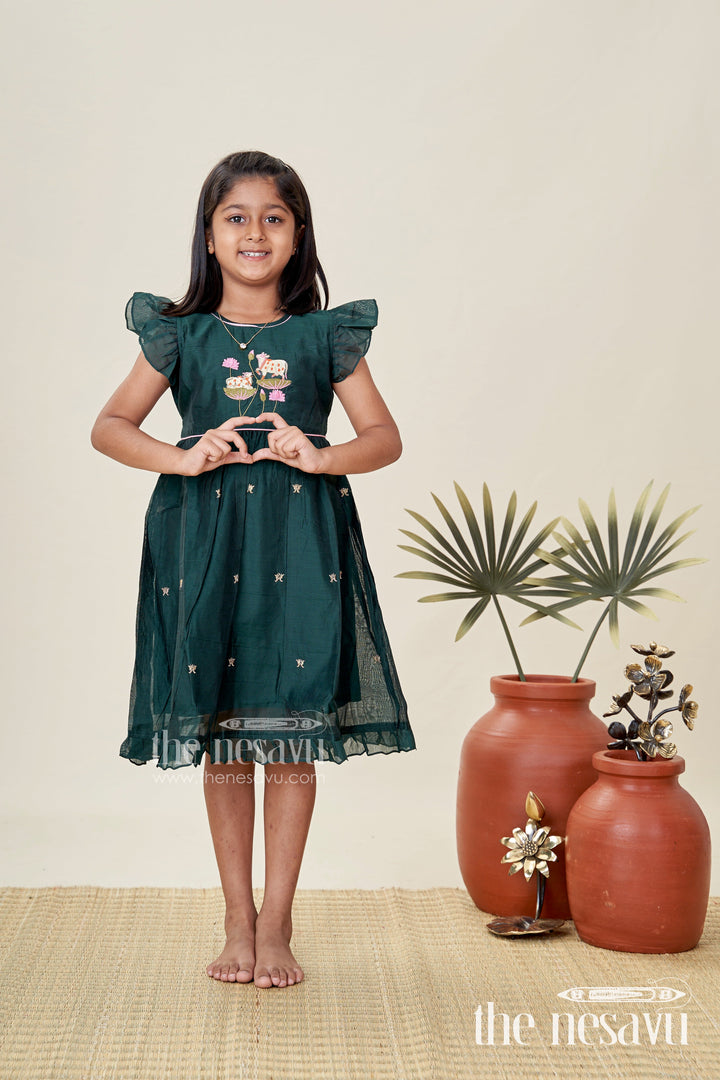 The Nesavu Girls Chanderi Frock Girls Chanderi Cotton Frock Style with Elephant Lotus Embroidery and Pleated Skirt in Forest Green Nesavu 16 (1Y) / Green GFC1787A-16 Nesavu Girls Chanderi Cotton Frock Style Elephant Lotus Embroidery Frill Detailing