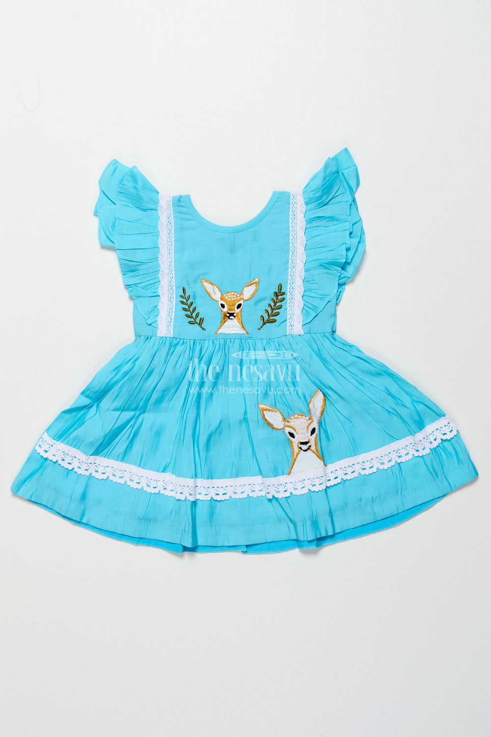 The Nesavu Girls Chanderi Frock Girls Chanderi Cotton Frock with Deer Embroidery for Birthday Parties Nesavu 16 (1Y) / Blue GFC1982A-16 Nesavu Chanderi cotton frock girls deer embroidery  perfect nature-themed birthdays