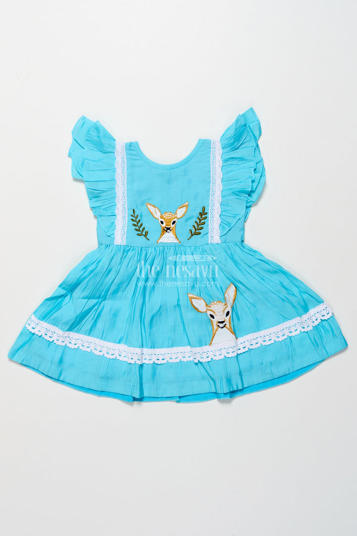 The Nesavu Girls Chanderi Frock Girls Chanderi Cotton Frock with Deer Embroidery for Birthday Parties Nesavu 16 (1Y) / Blue GFC1982A-16 Nesavu Chanderi cotton frock girls deer embroidery  perfect nature-themed birthdays