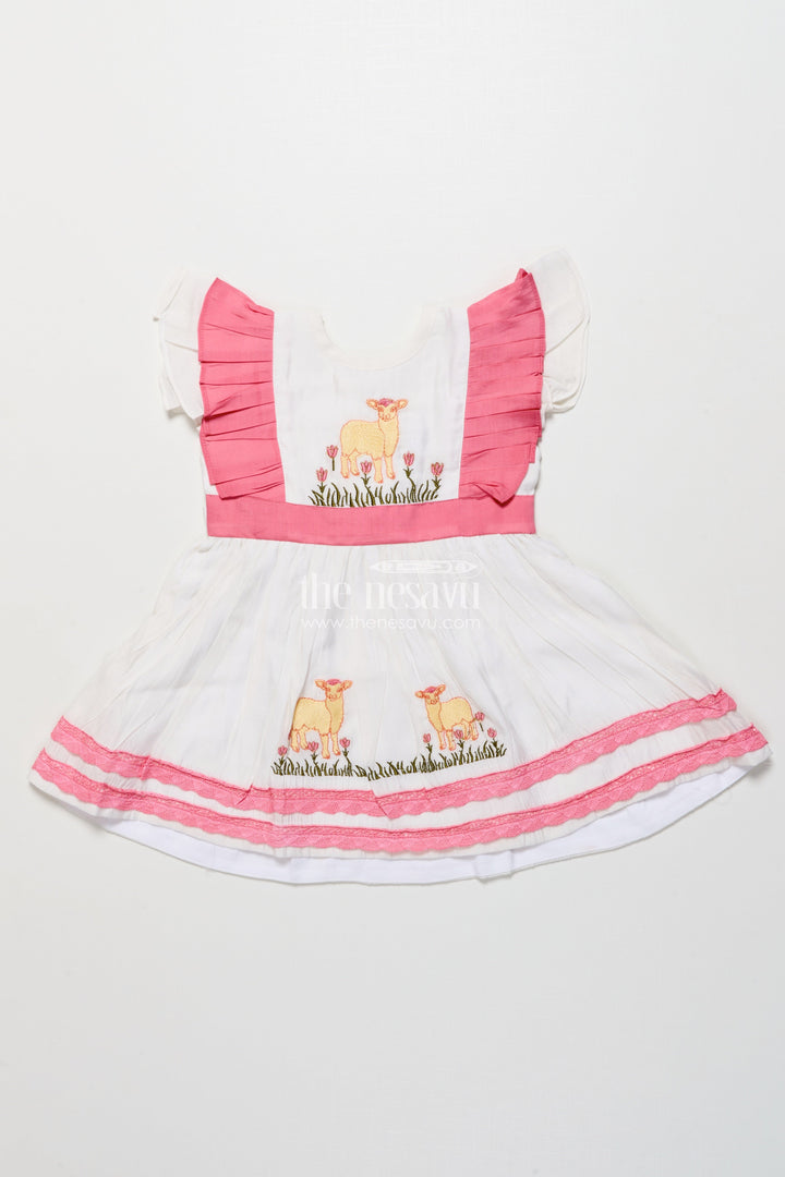 The Nesavu Girls Chanderi Frock Girls Chanderi Cotton Frock with Lamb Embroidery for Birthday Events Nesavu 16 (1Y) / Half white GFC1985A-16 Nesavu girls Chanderi cotton frock lamb embroidery  perfect birthdays parties