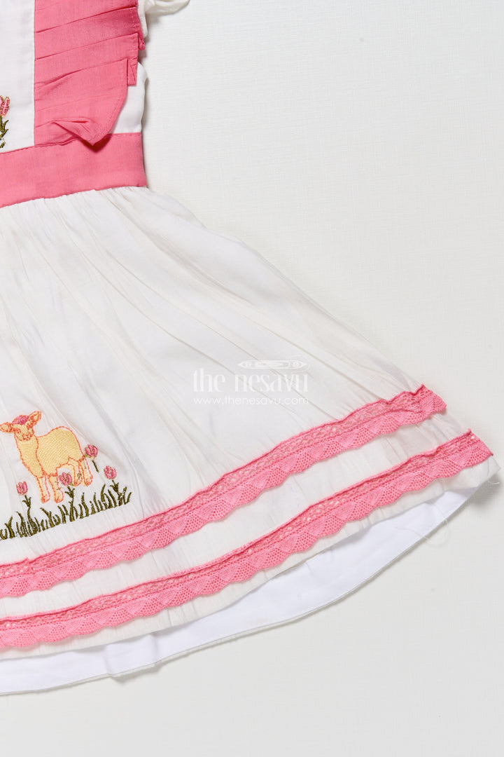 The Nesavu Girls Chanderi Frock Girls Chanderi Cotton Frock with Lamb Embroidery for Birthday Events Nesavu Nesavu girls Chanderi cotton frock lamb embroidery  perfect birthdays parties
