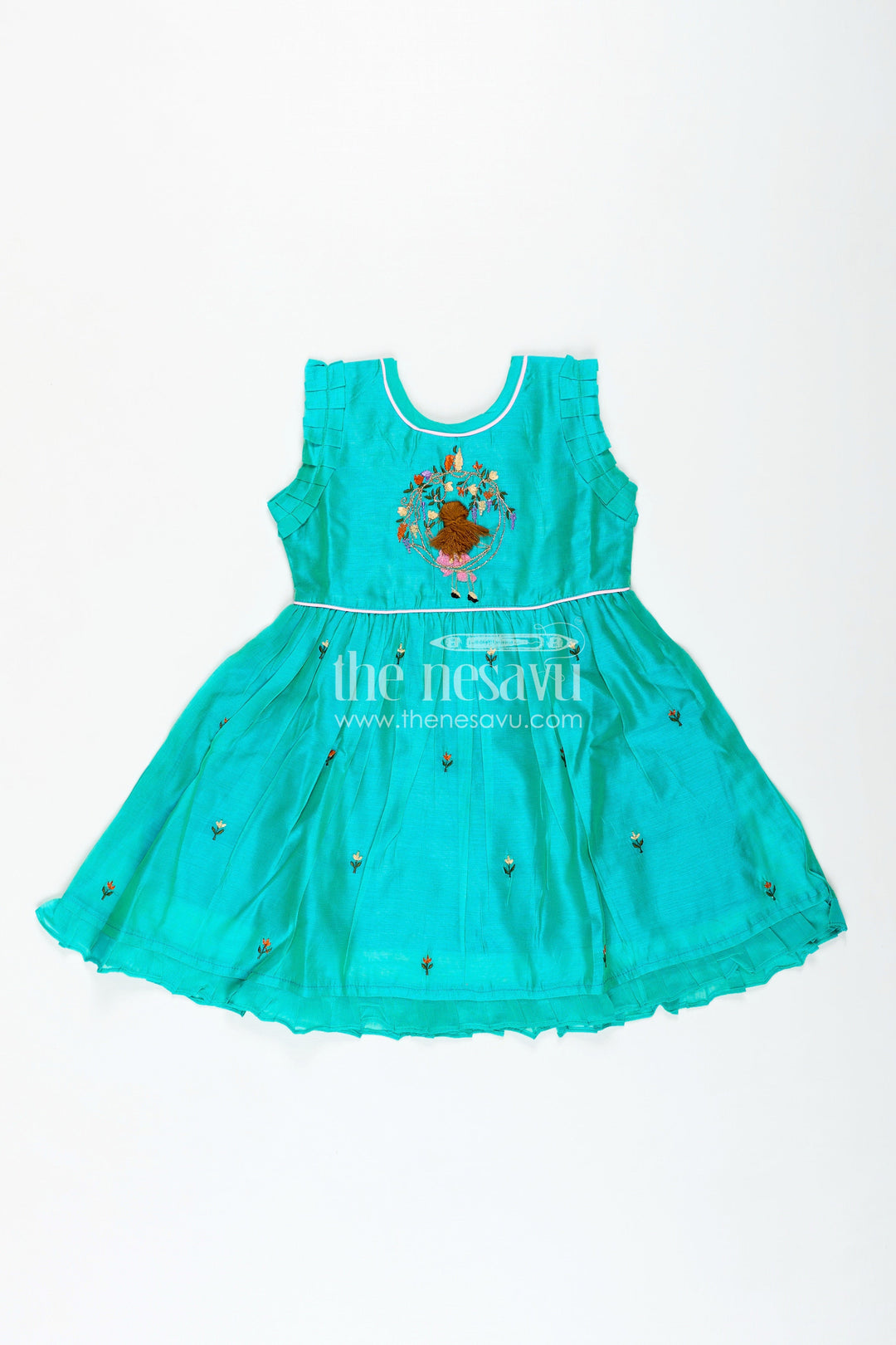 The Nesavu Girls Chanderi Frock Girls Chanderi Cotton Frock with Peacock Embroidery and Ruffled Sleeves for Elegant Occasions Nesavu 16 (1Y) / Turquoise GFC1649A-16 Girls Chanderi Cotton Frock Peacock Embroidery Ruffled Sleeves Festive Wear | The Nesavu
