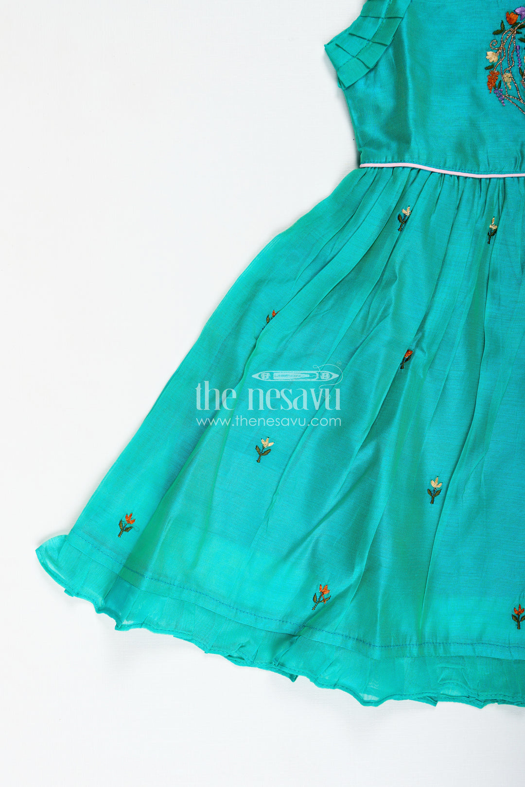 The Nesavu Girls Chanderi Frock Girls Chanderi Cotton Frock with Peacock Embroidery and Ruffled Sleeves for Elegant Occasions Nesavu Girls Chanderi Cotton Frock Peacock Embroidery Ruffled Sleeves Festive Wear | The Nesavu