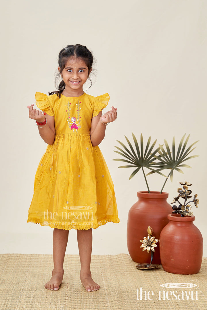 The Nesavu Girls Chanderi Frock Girls Chanderi Cotton Simple Frock Design with Swing Embroidery and Frill Sleeves in Honey Yellow Nesavu 16 (1Y) / Yellow GFC1785A-16 Nesavu Girls Chanderi Cotton Honey Yellow Frock Swing Motif Simple Frill Sleeve Design