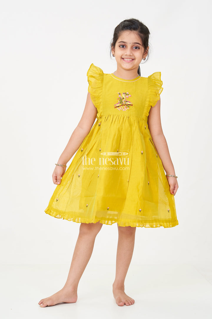 The Nesavu Girls Chanderi Frock Girls Chanderi Daily Wear Frocks in Olive Green with Pleated Sleeves and Floral Embroidery Accents Nesavu 16 (1Y) / Yellow GFC1724A-16 Girls Daily Wear Frocks Olive Green Chanderi Pleated Sleeves Floral Embroidery | The Nesavu